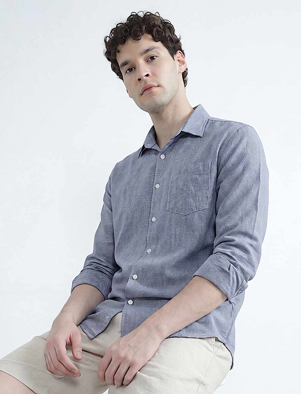 Linen Rich Spread Collar Check Shirt