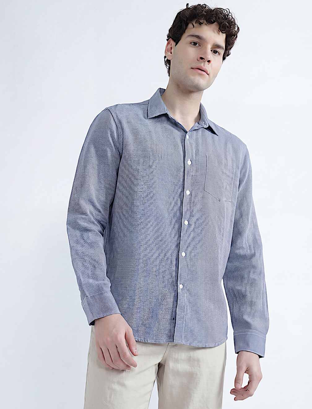 Linen Rich Spread Collar Check Shirt