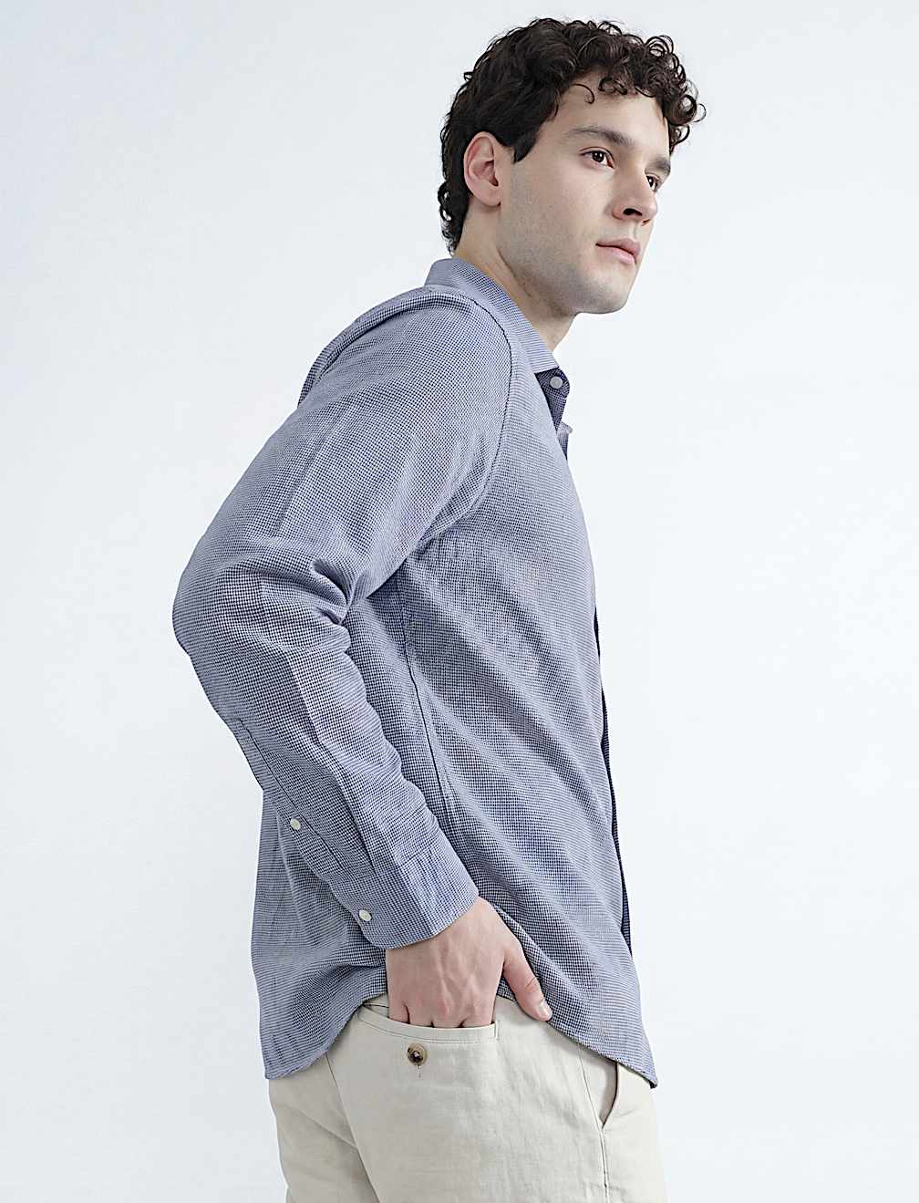 Linen Rich Spread Collar Check Shirt