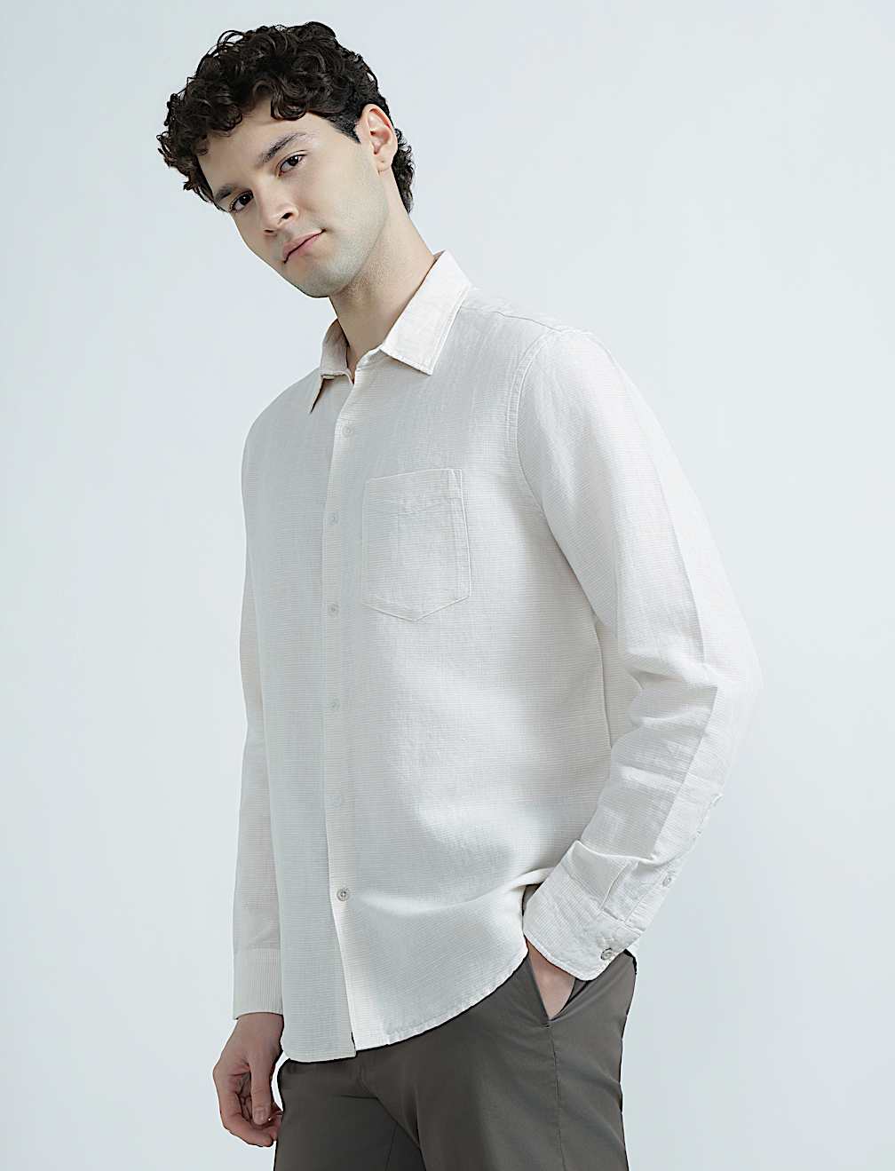 Linen Rich Spread Collar Check Shirt
