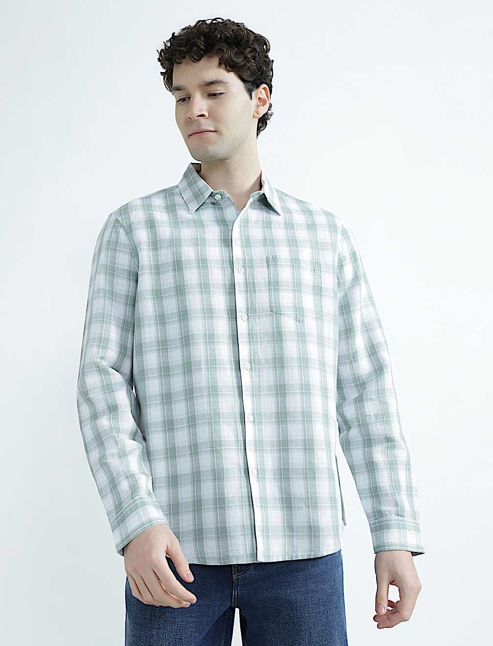 Linen Rich Spread Collar Check Shirt