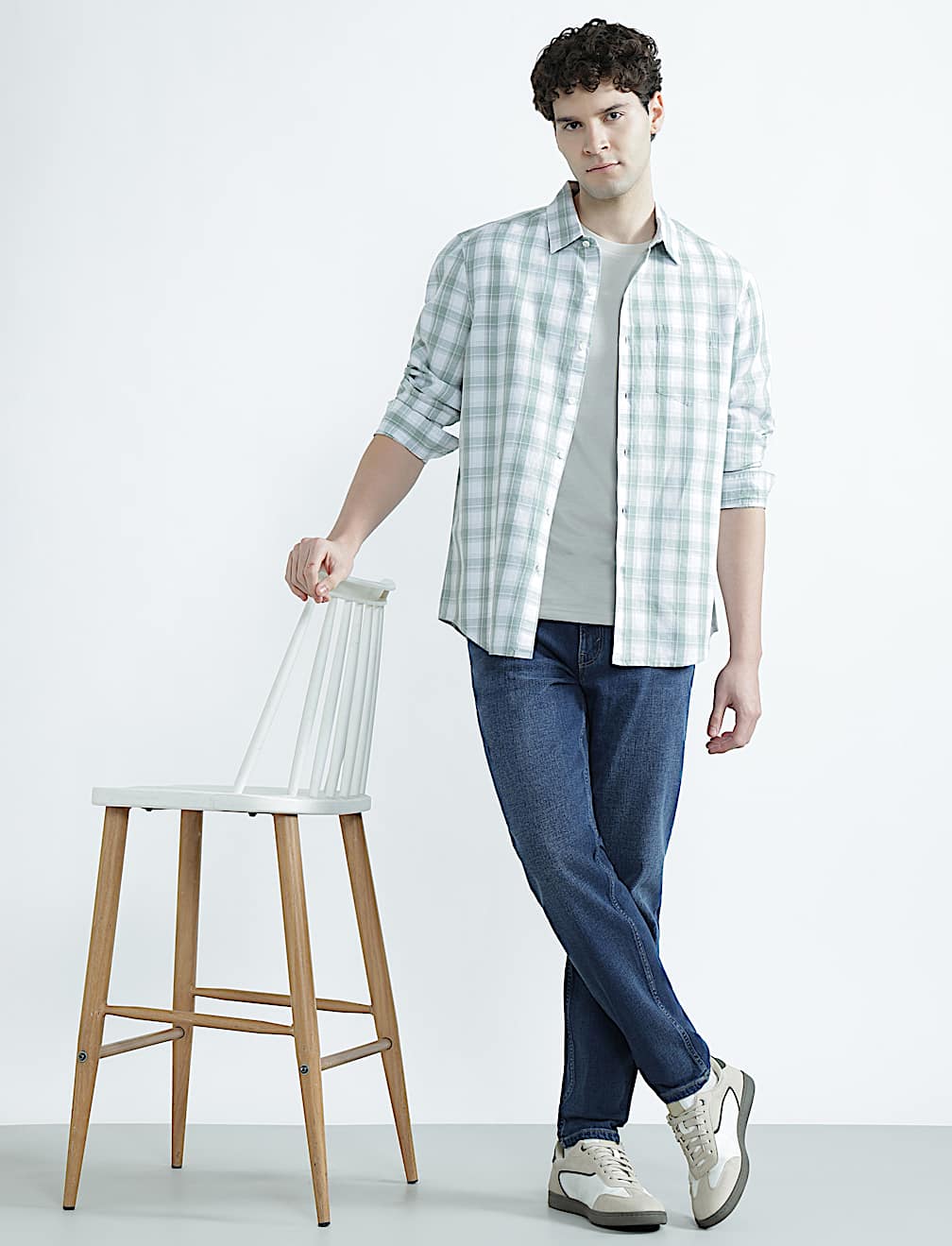 Linen Rich Spread Collar Check Shirt