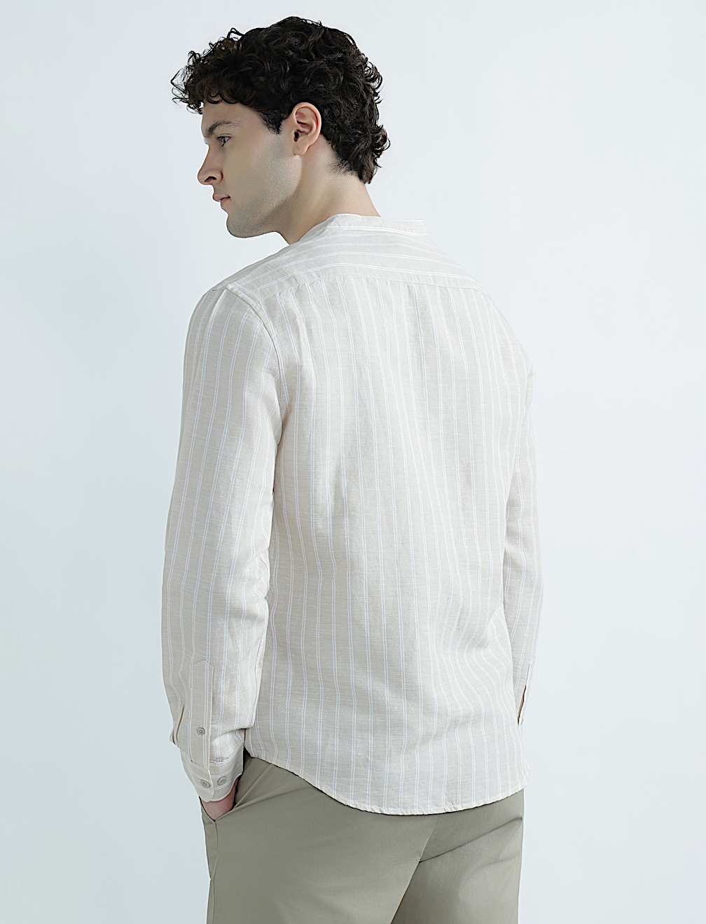 Linen Rich Mandrin Collar Striped Shirt