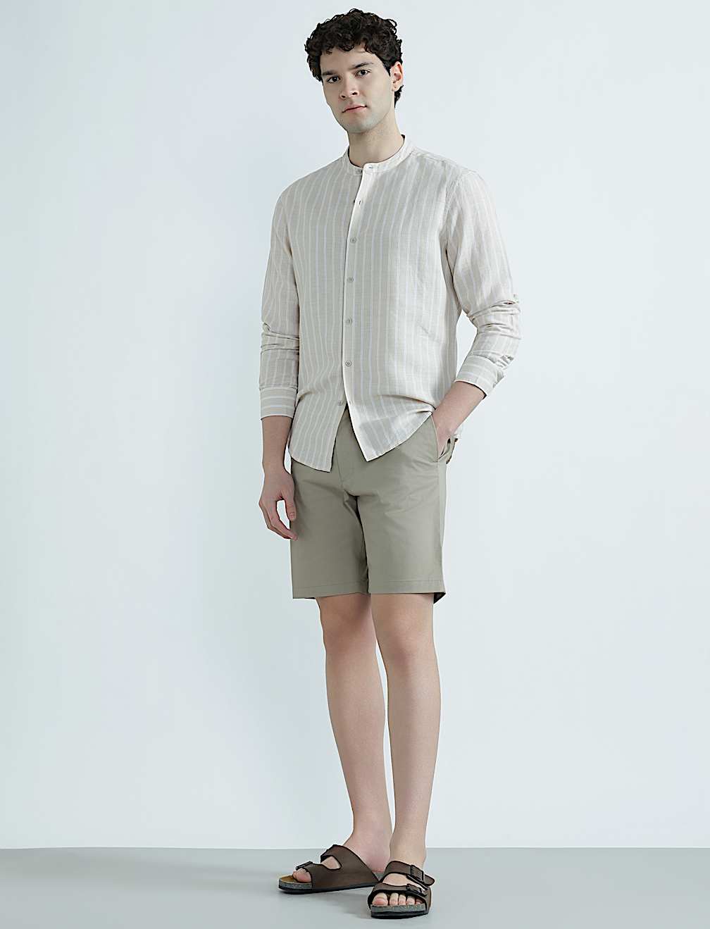 Linen Rich Mandrin Collar Striped Shirt