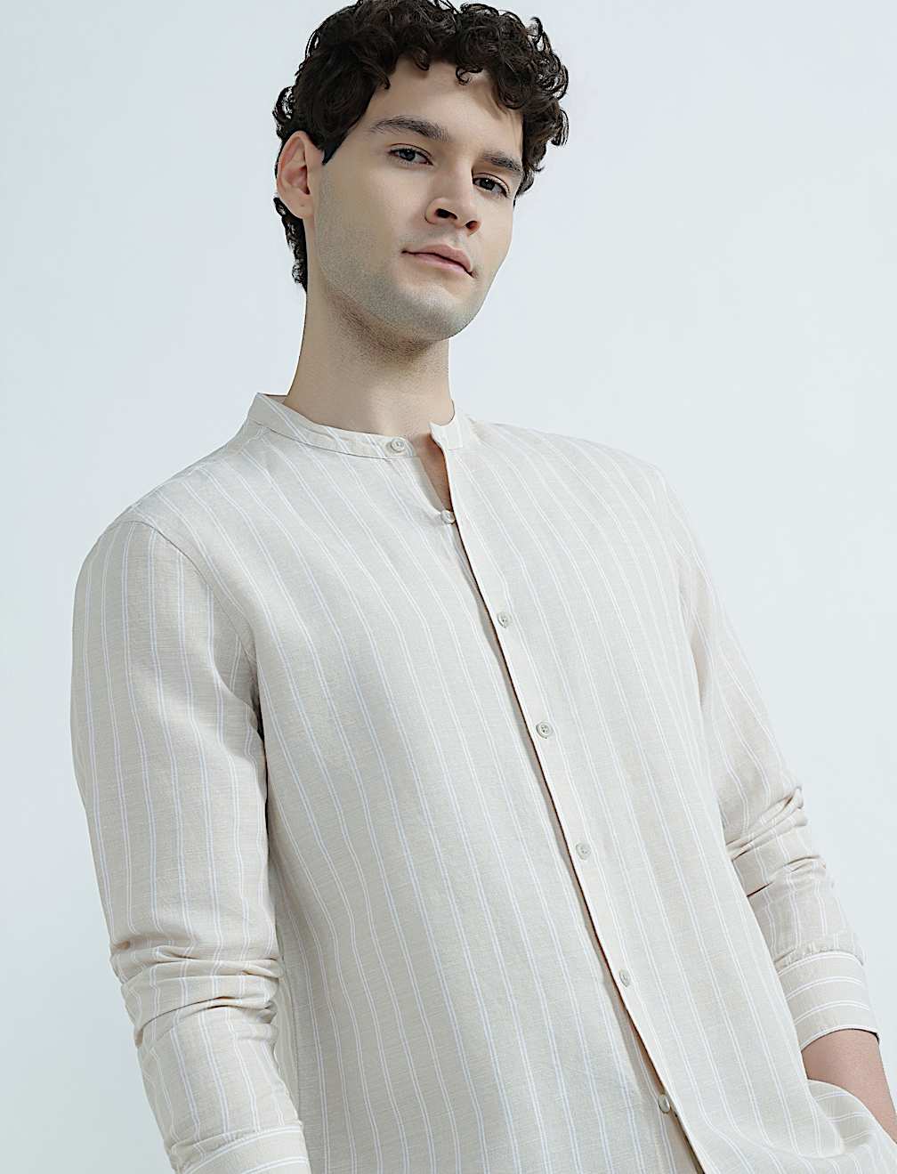 Linen Rich Mandrin Collar Striped Shirt
