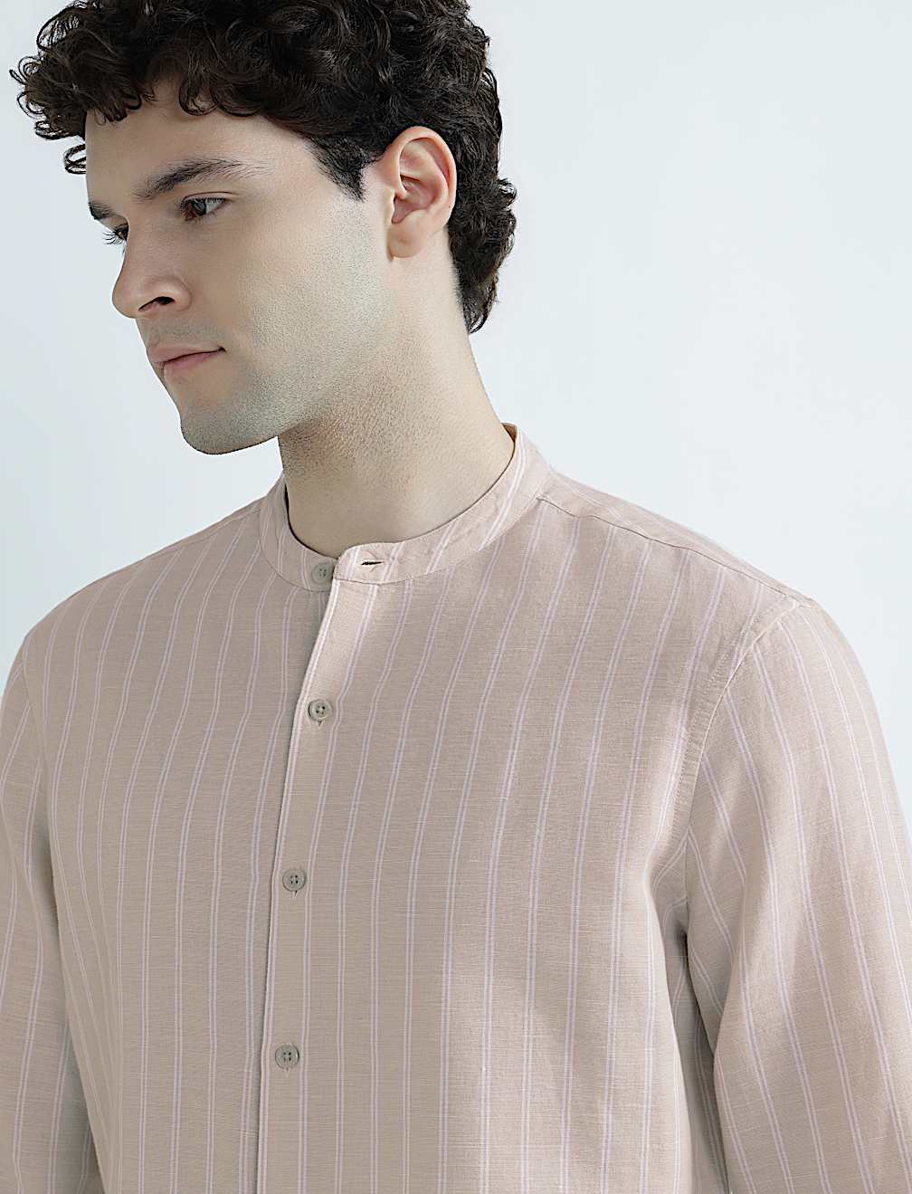 Linen Rich Striped Mandarin Collar Shirt