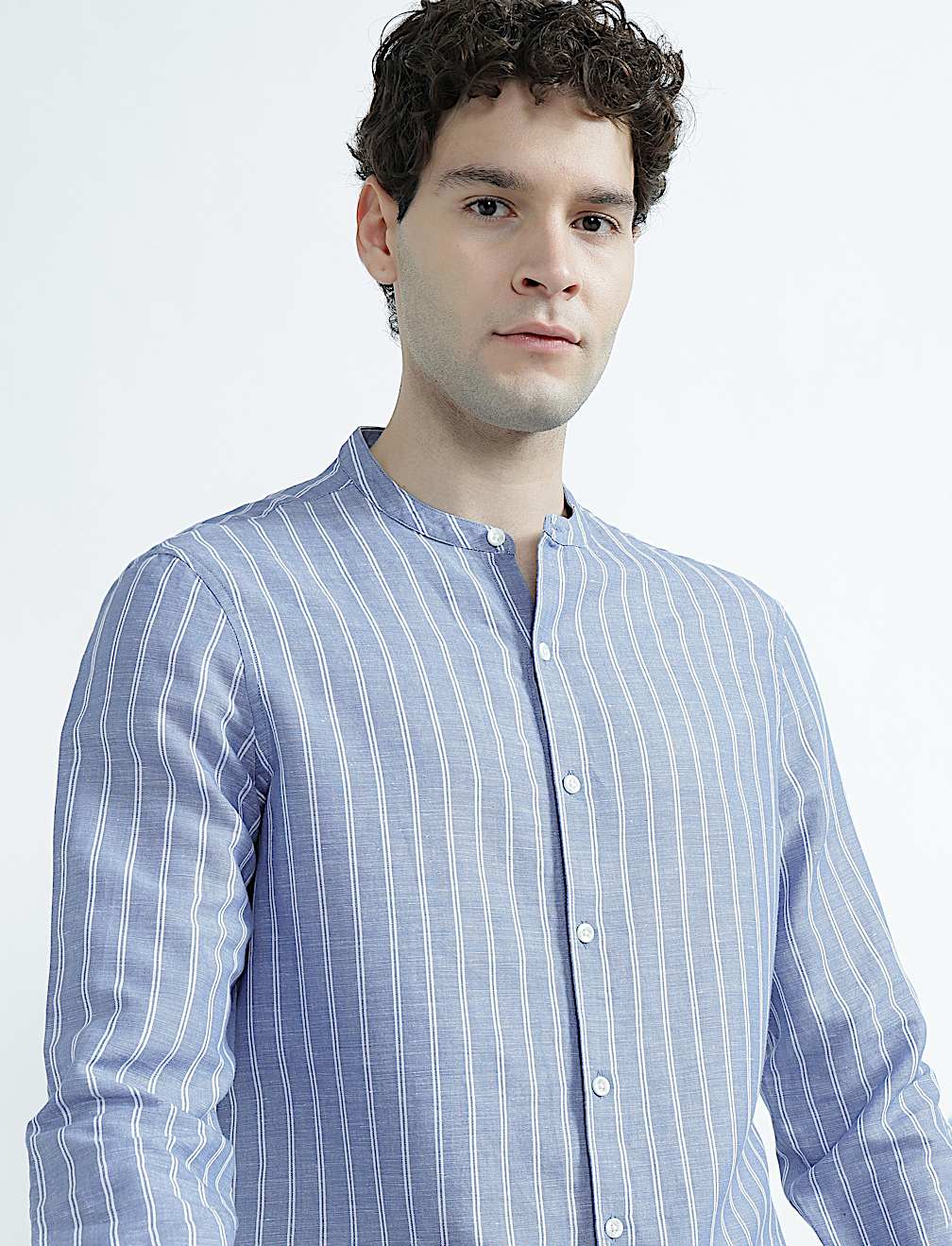 Linen Rich Striped Mandarin Collar Shirt