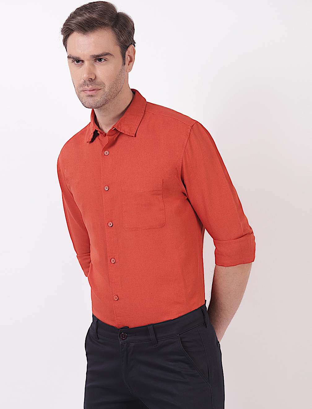 Linen Mix Plain Spread Collar Shirts