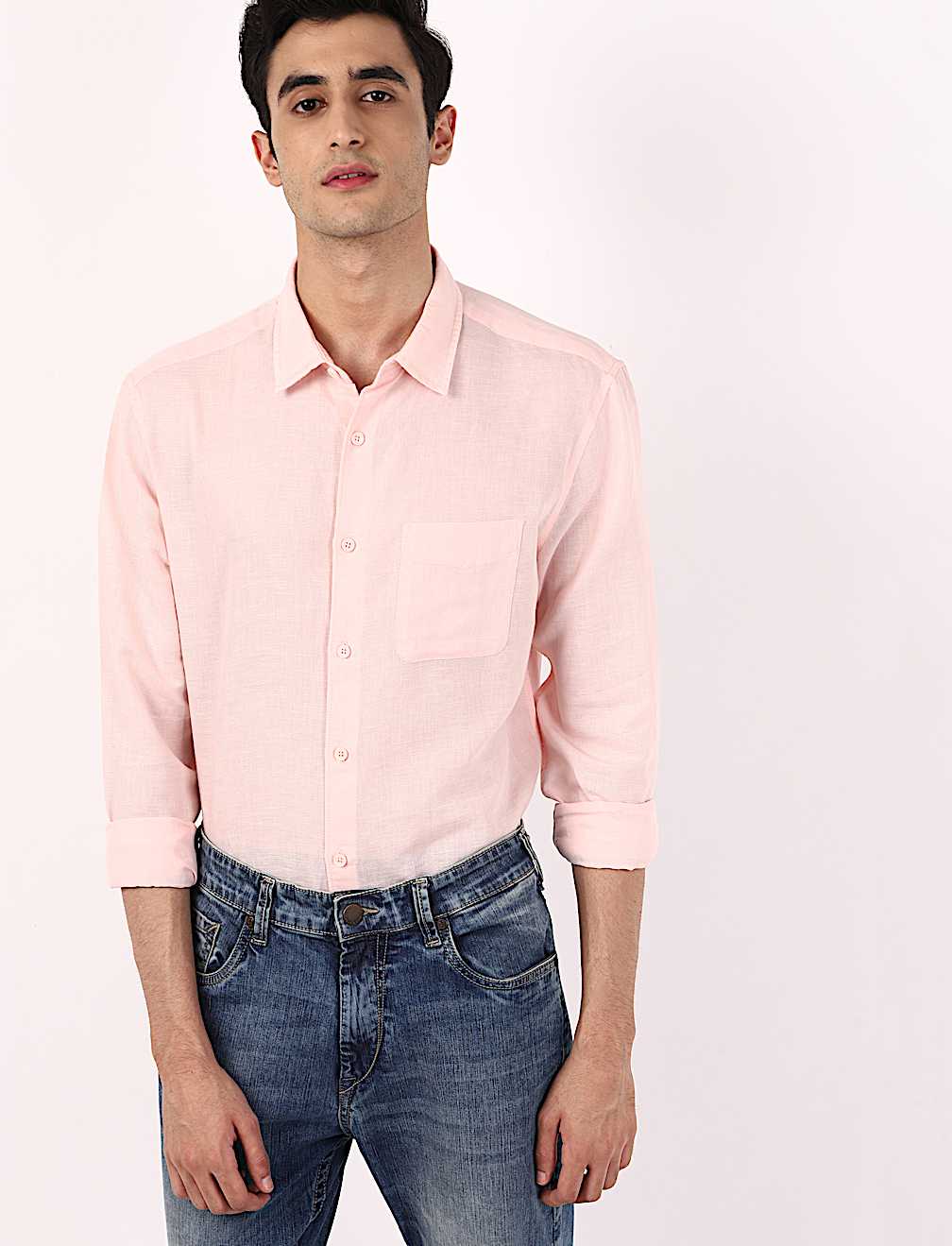 Linen Mix Plain Spread Collar Shirts