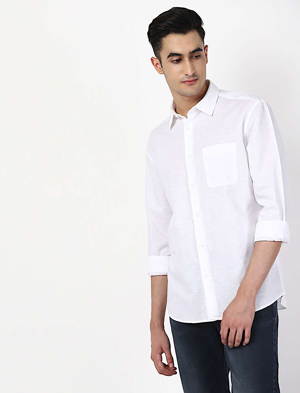 Linen Mix Plain Spread Collar Shirts