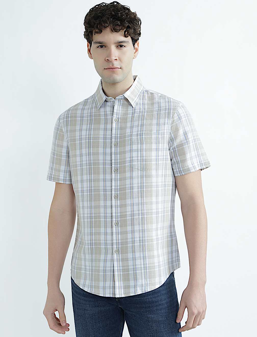 Linen Rich Spread Collar Check Shirt