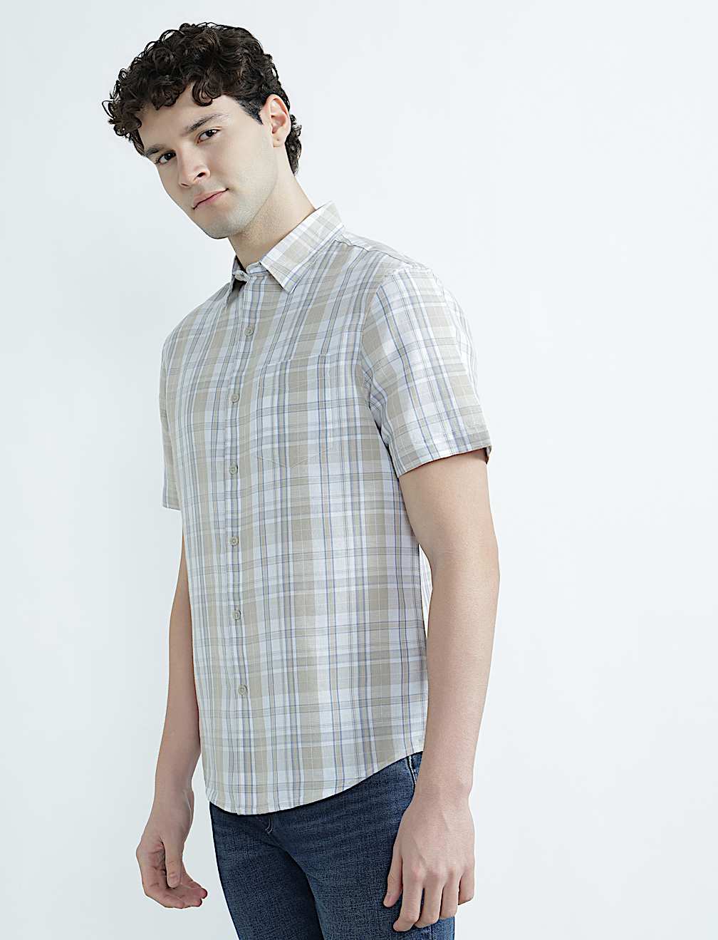 Linen Rich Spread Collar Check Shirt