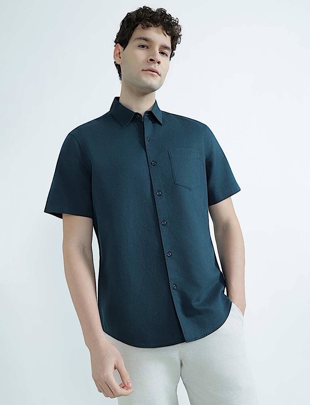 Linen Rich Spread Collar Plain Shirt