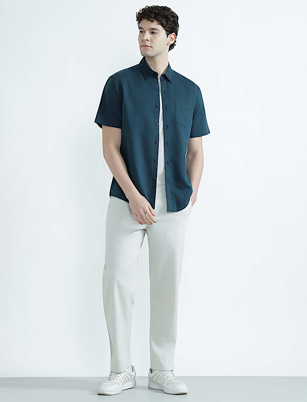 Linen Rich Spread Collar Plain Shirt