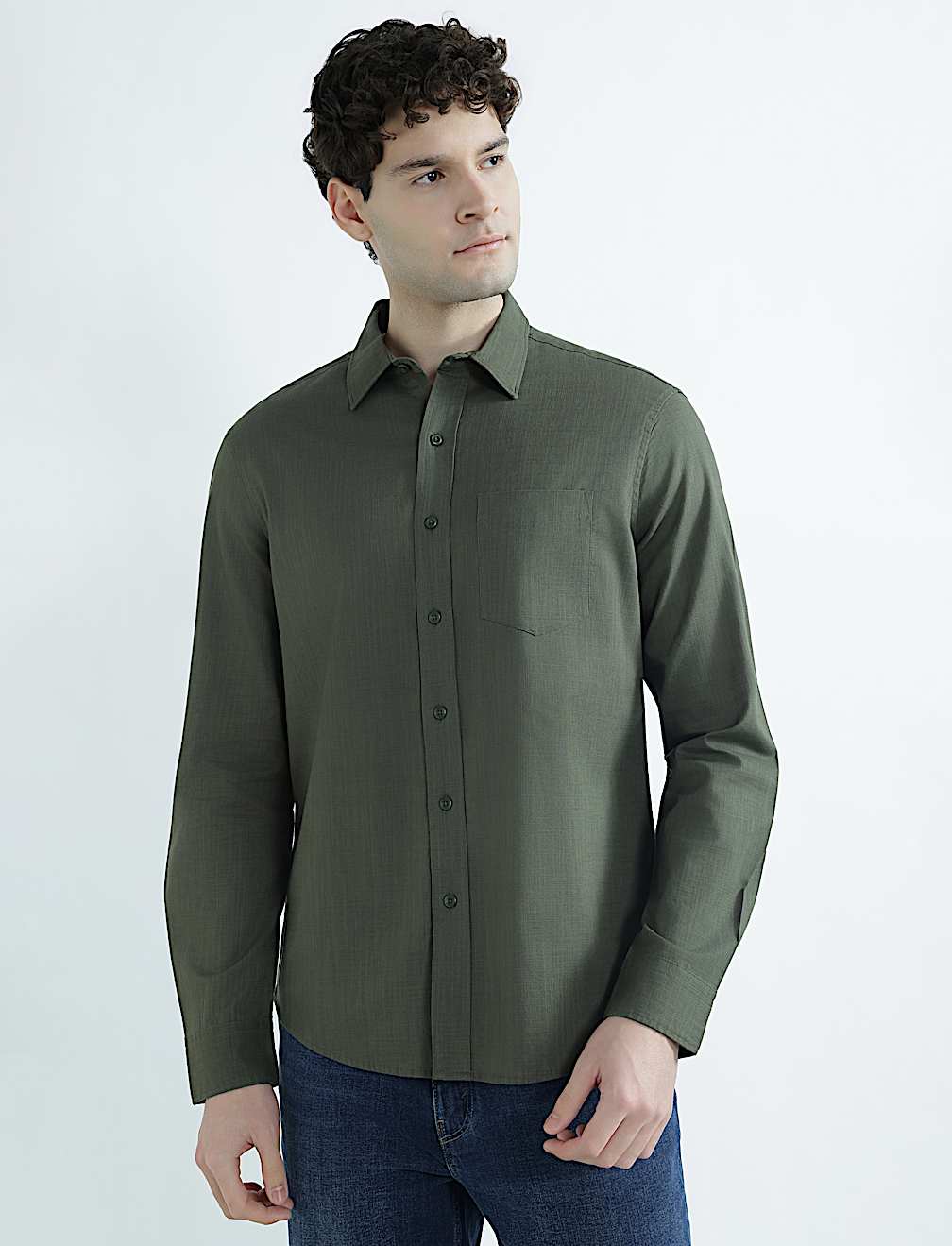 Pure Cotton Spread Collar Plain Shirt