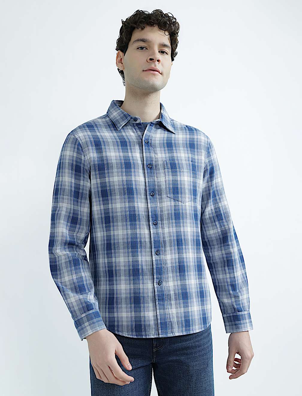 Pure Cotton Spread Collar Check Shirt
