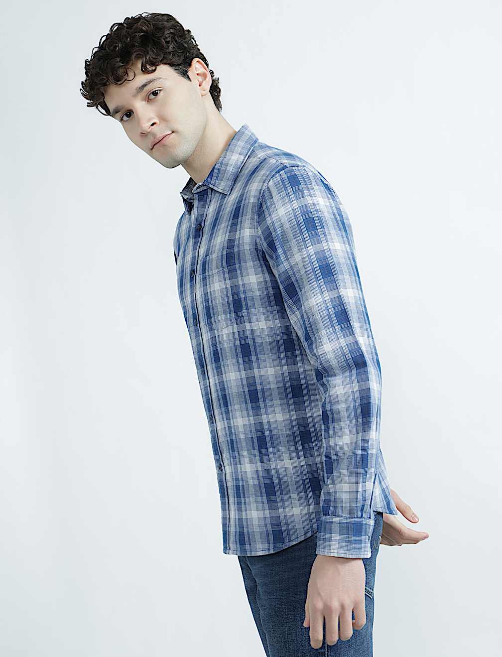 Pure Cotton Spread Collar Check Shirt