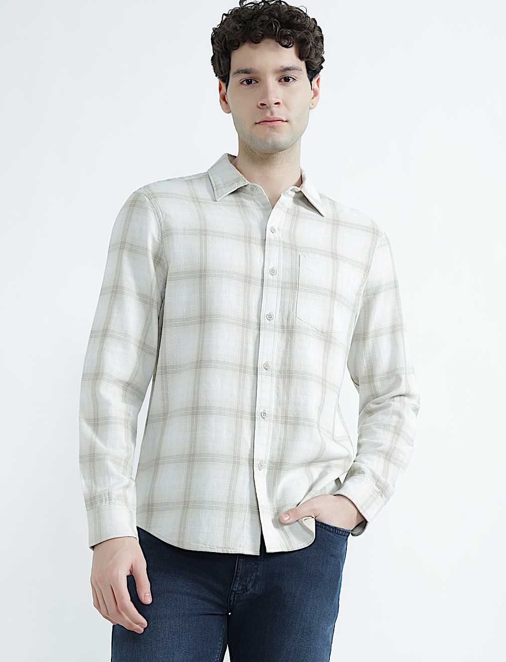 Pure Cotton Spread Collar Check Shirt