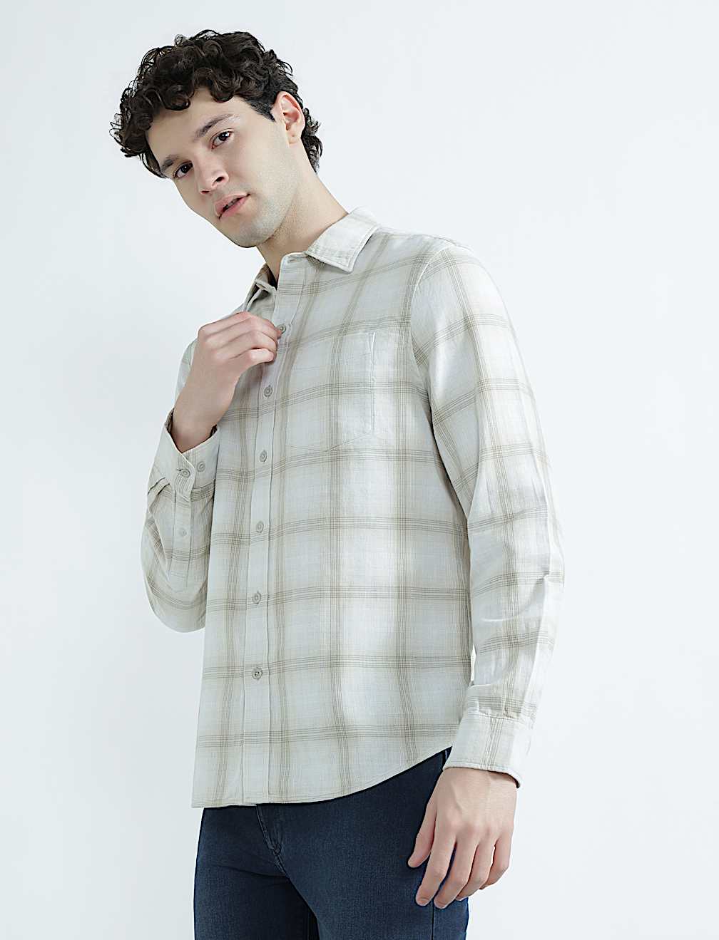 Pure Cotton Spread Collar Check Shirt