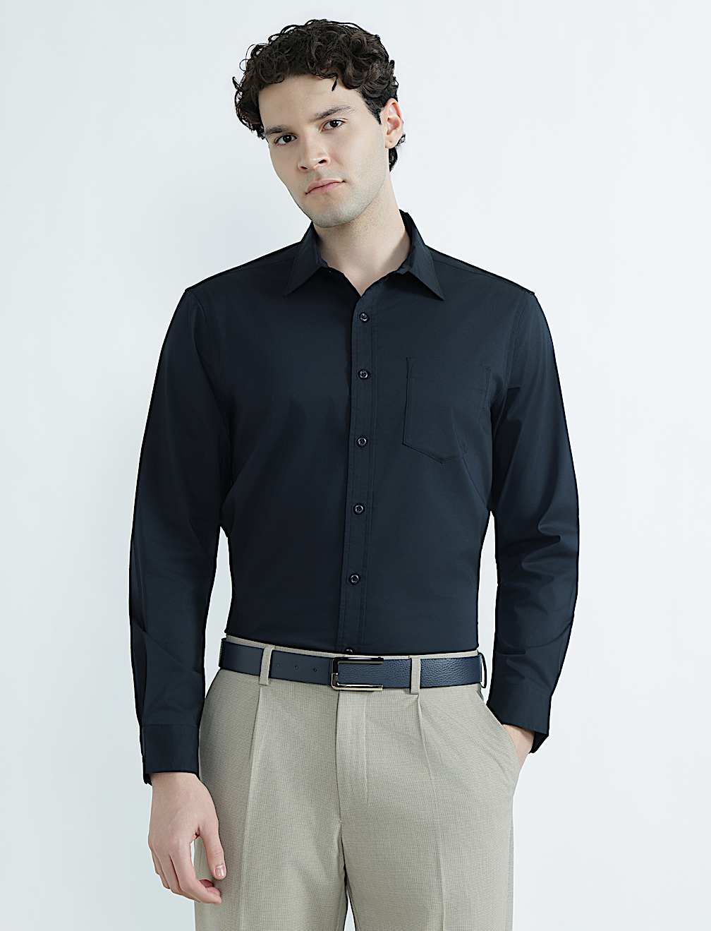 Cotton Rich Spread Collar Plain Shirt