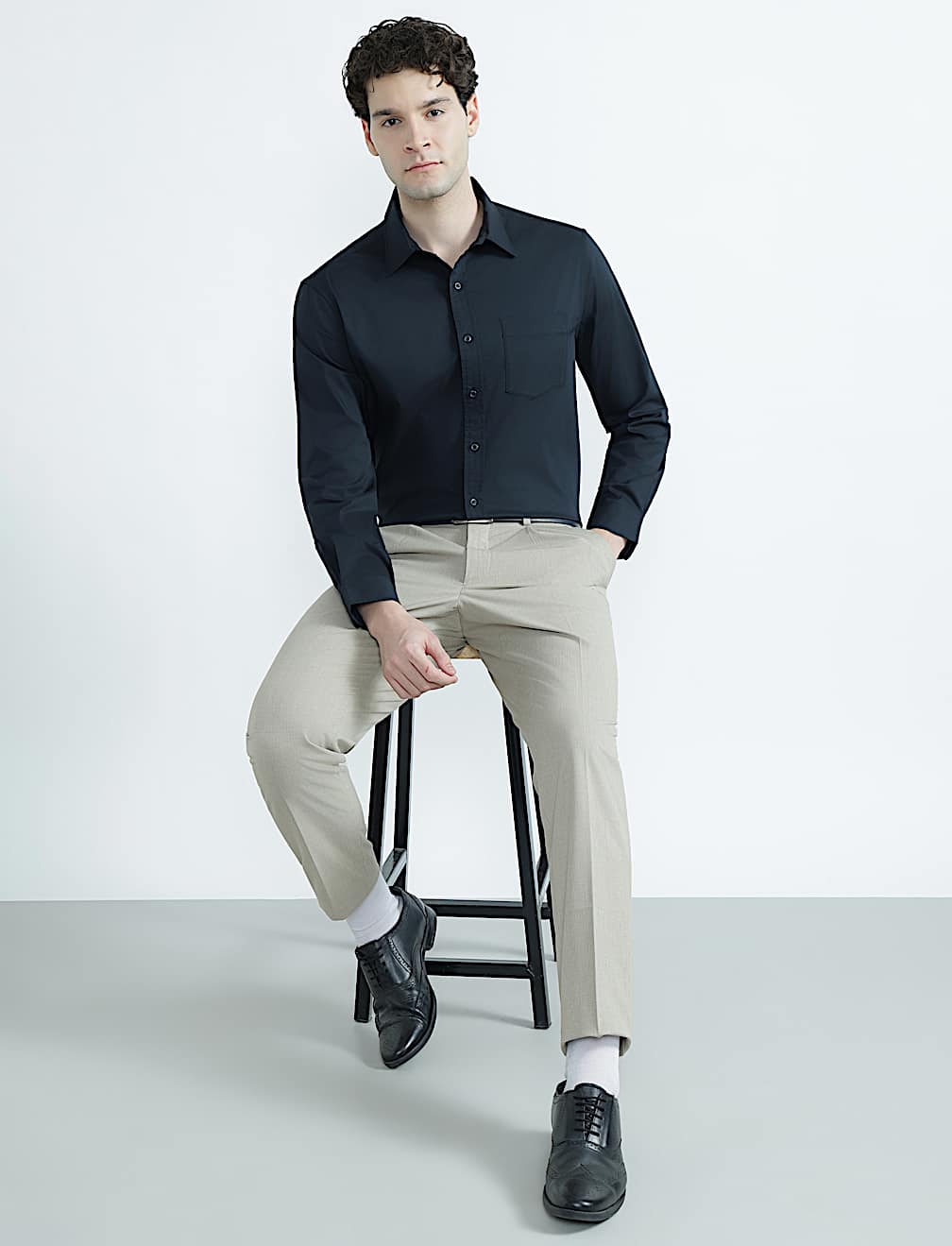 Cotton Rich Spread Collar Plain Shirt