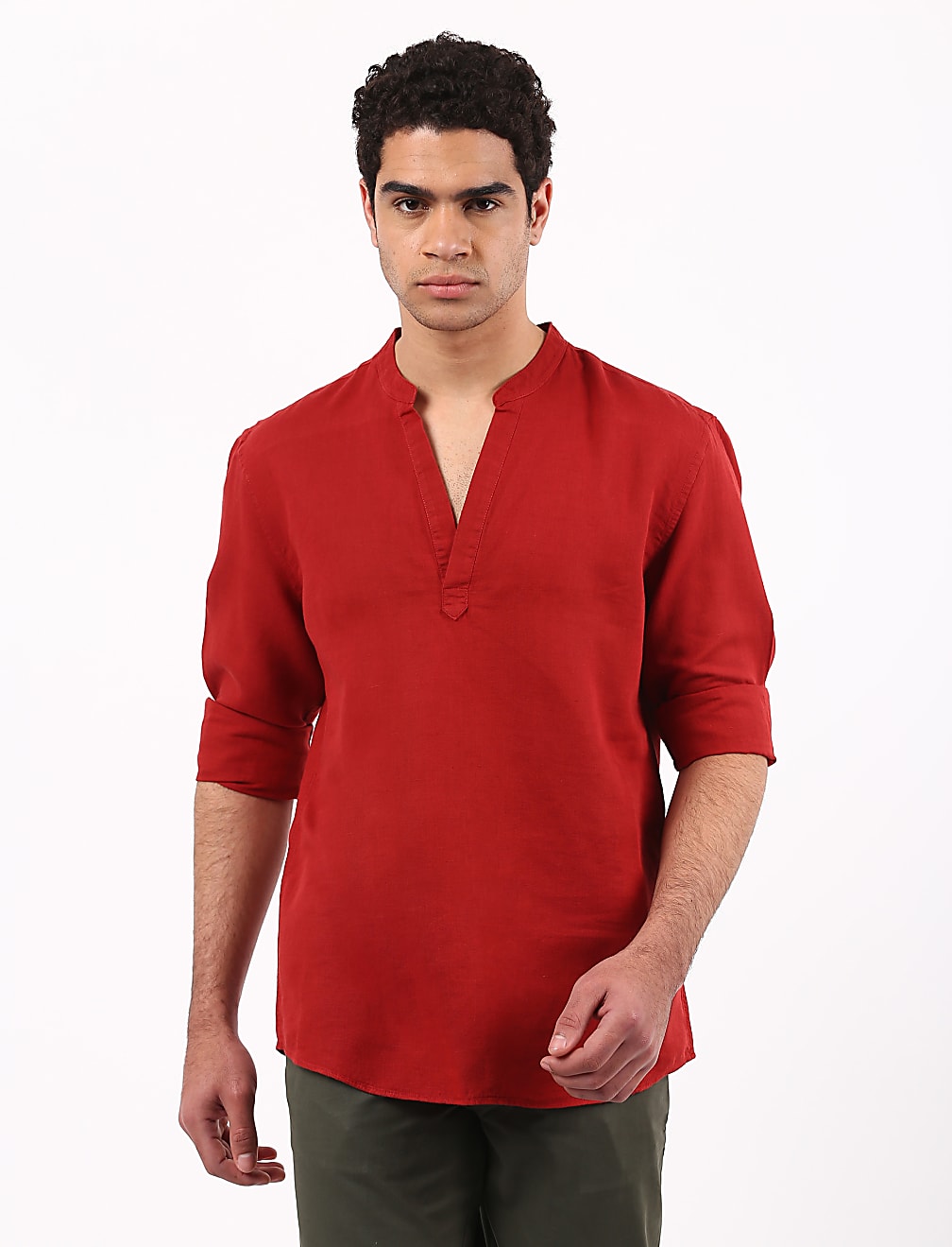 Linen Mix Half Placket Solid Shirt