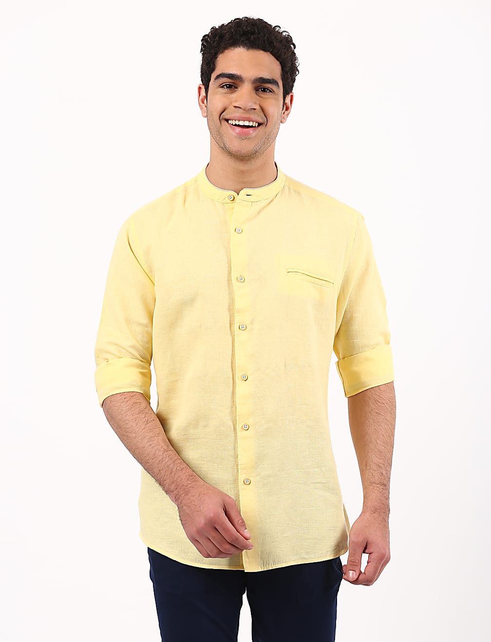Linen Mix Grandad Collar Solid Shirt