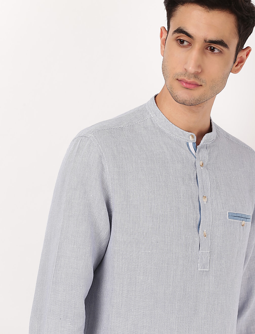 Linen Mix Half Placket Stripes Shirt