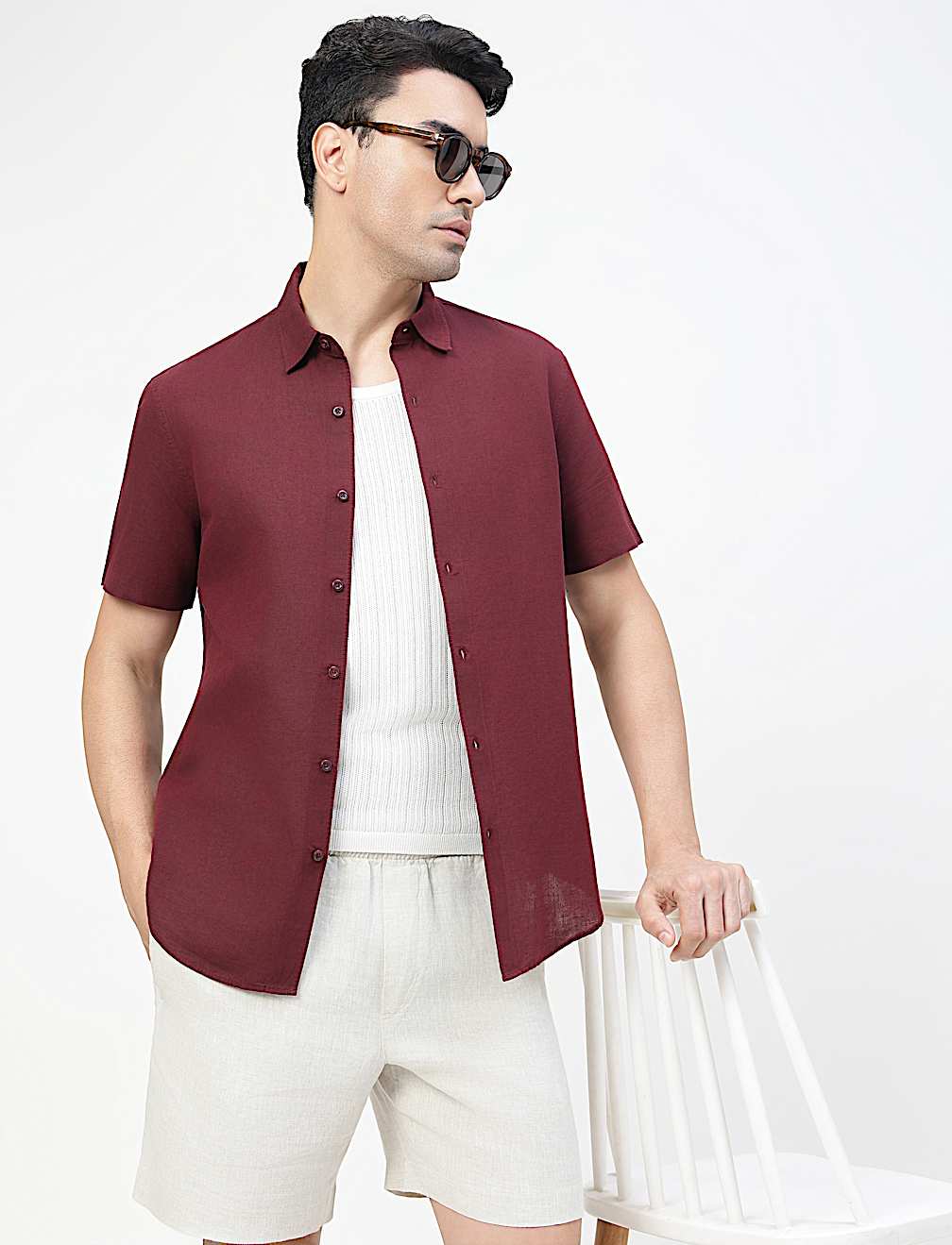 Linen Rich Plain Spread Collar Shirt