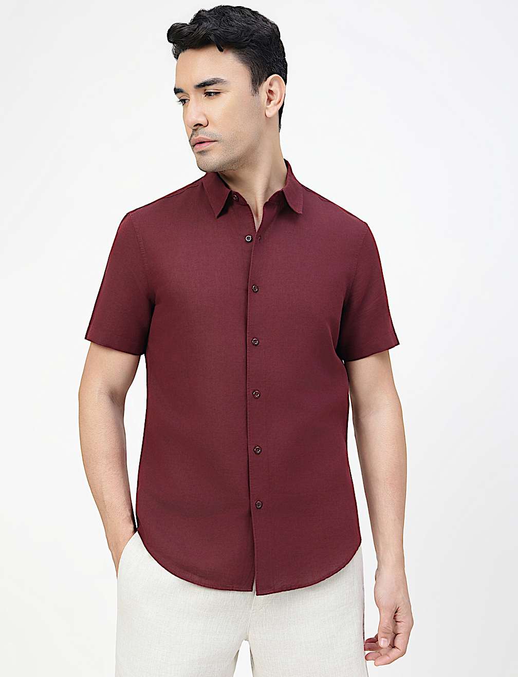 Linen Rich Plain Spread Collar Shirt