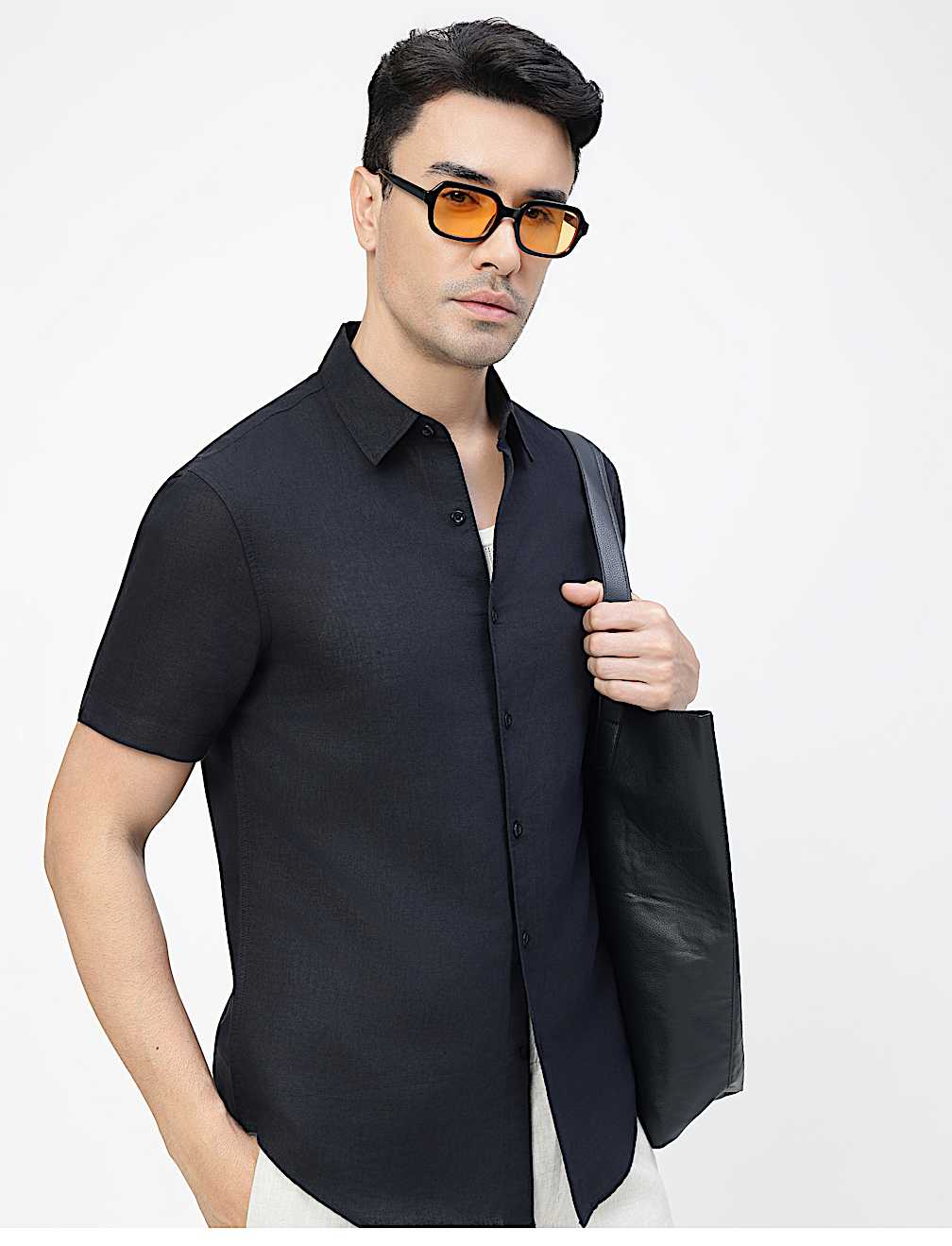 Linen Rich Plain Spread Collar Shirt