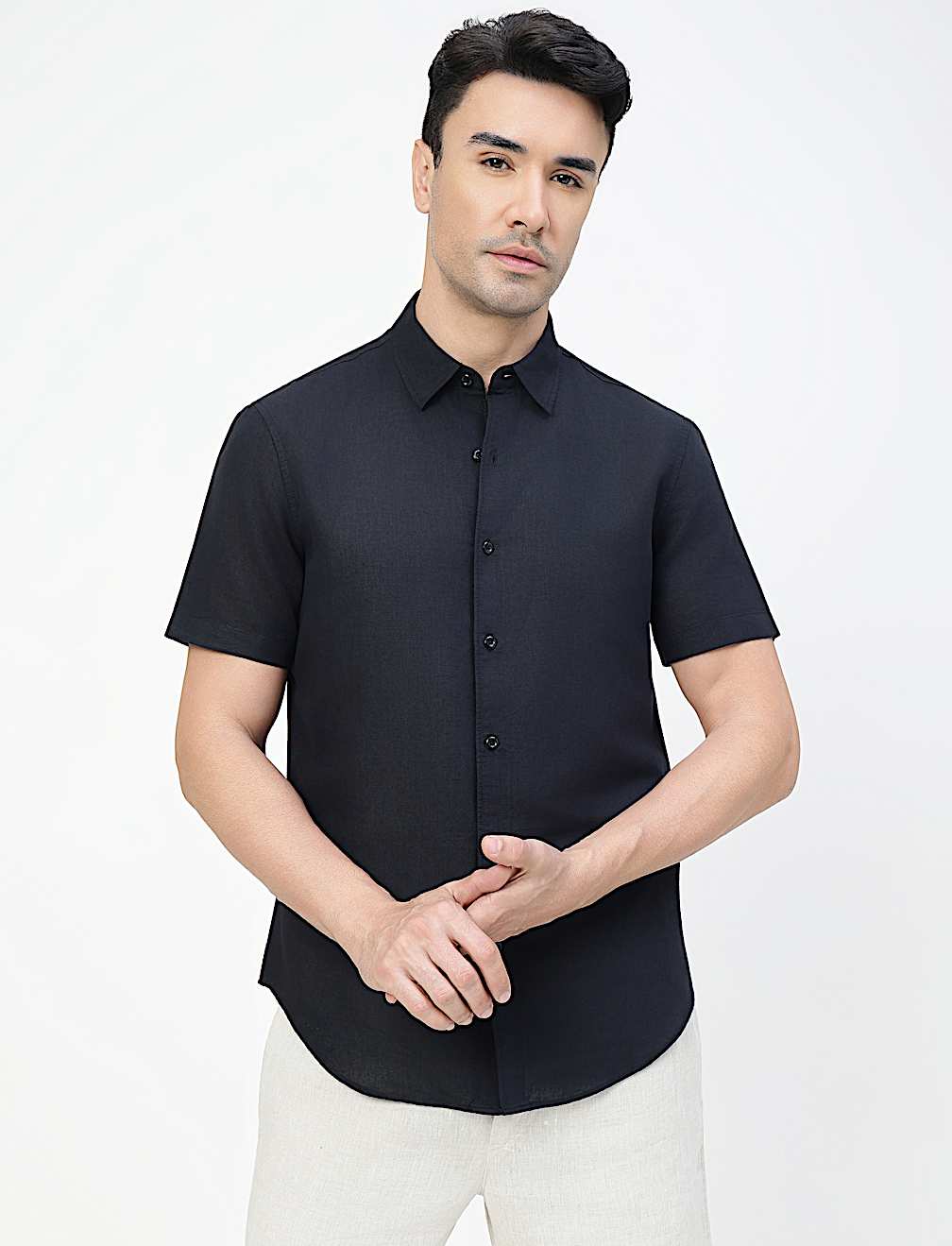 Linen Rich Plain Spread Collar Shirt