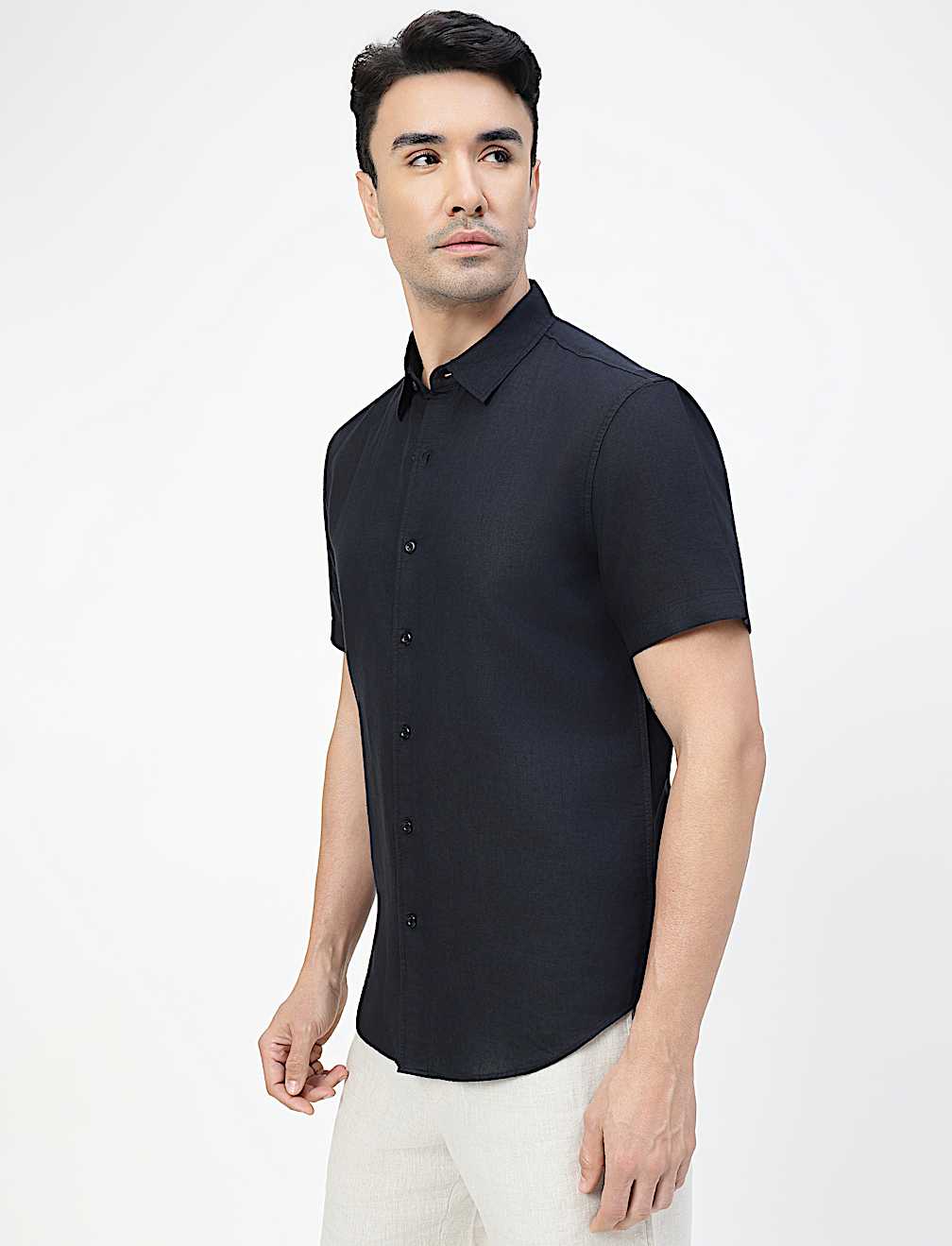 Linen Rich Plain Spread Collar Shirt