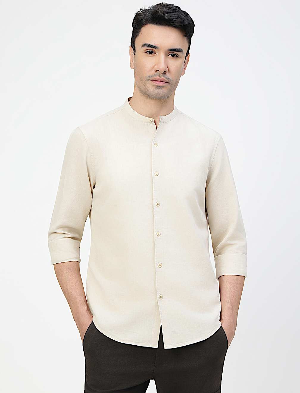 Linen Rich Plain Band Collar Shirt