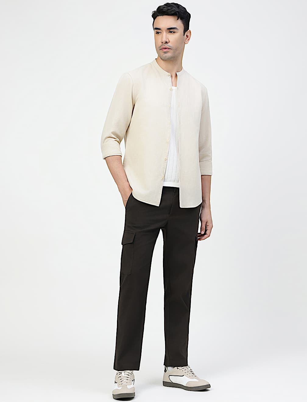 Linen Rich Plain Band Collar Shirt
