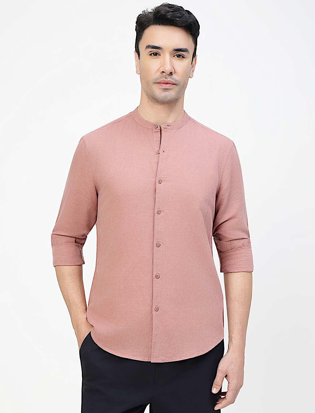 Linen Rich Plain Band Collar Shirt