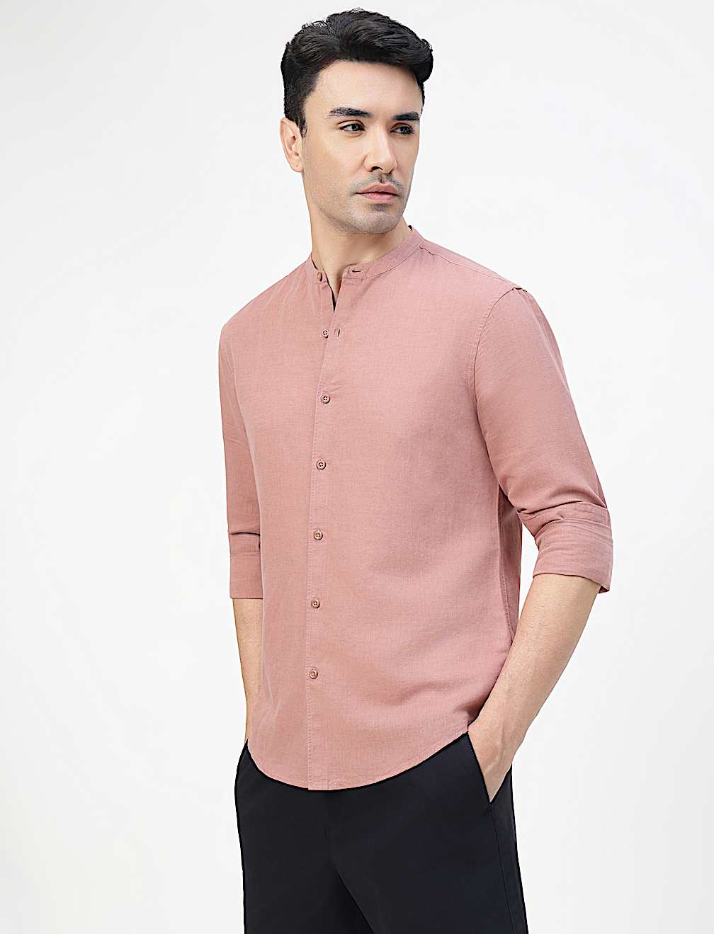 Linen Rich Plain Band Collar Shirt