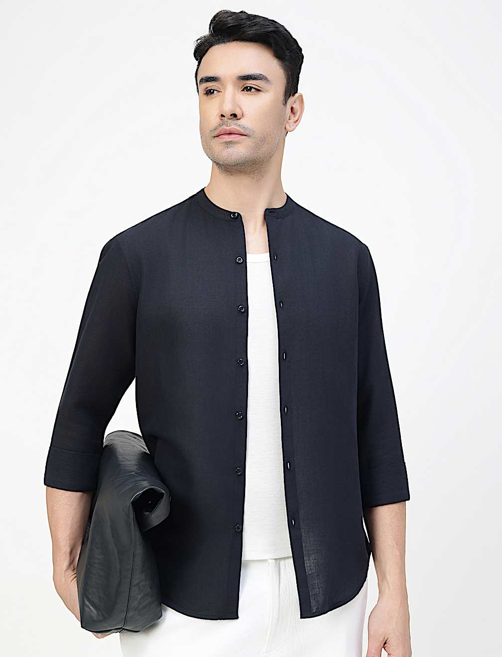 Linen Rich Plain Band Collar Shirt