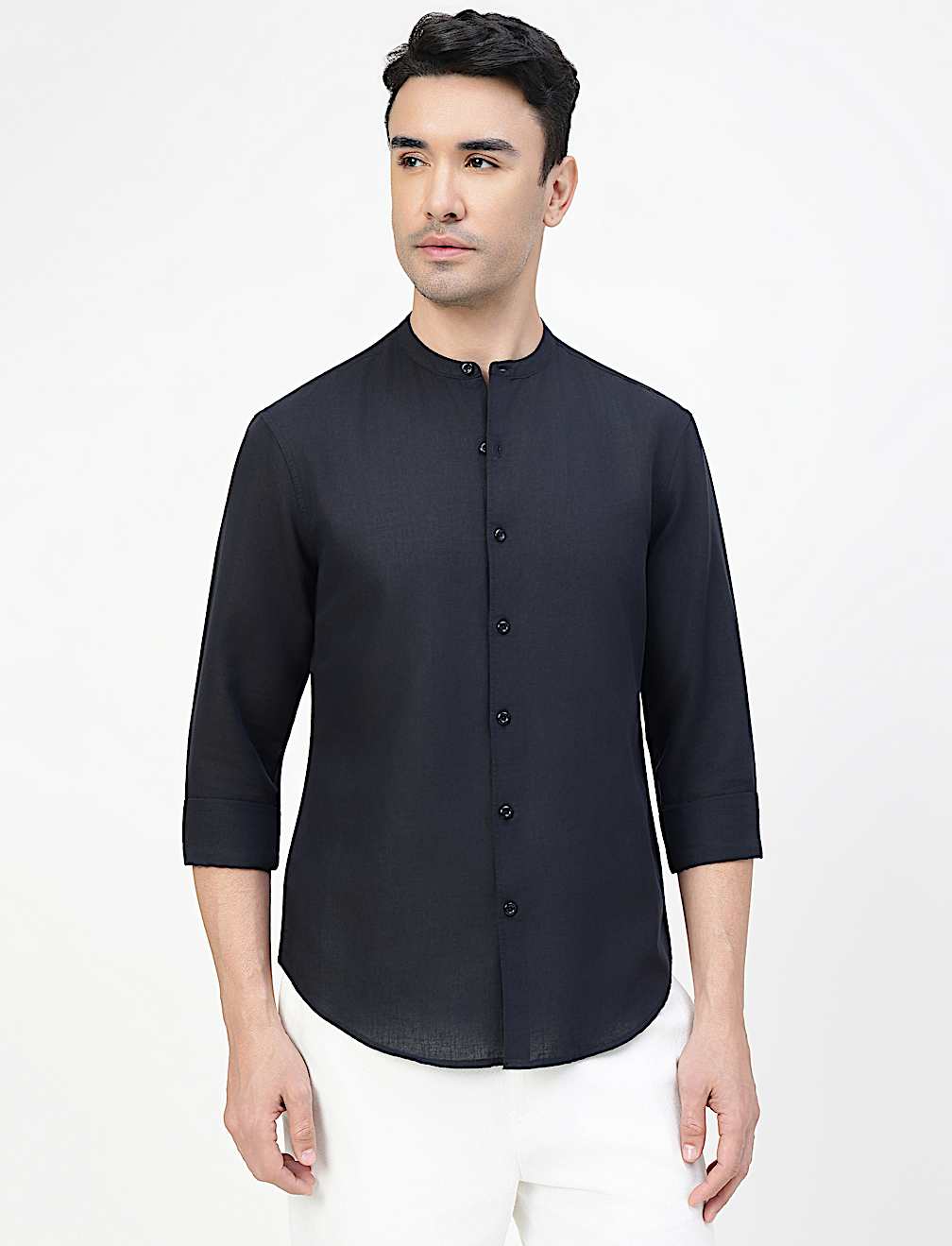 Linen Rich Plain Band Collar Shirt