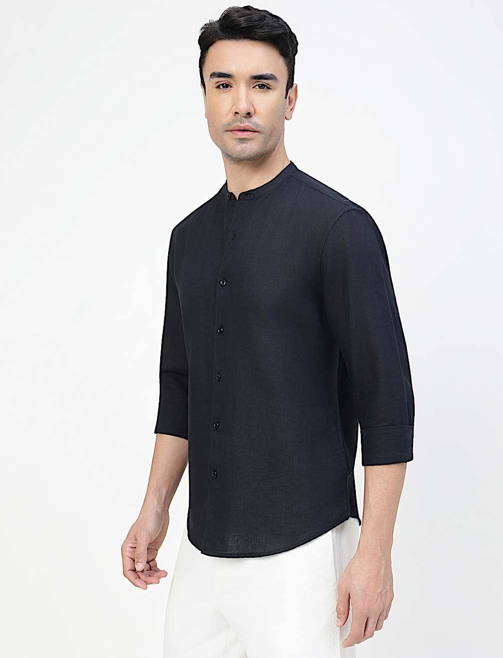 Linen Rich Plain Band Collar Shirt
