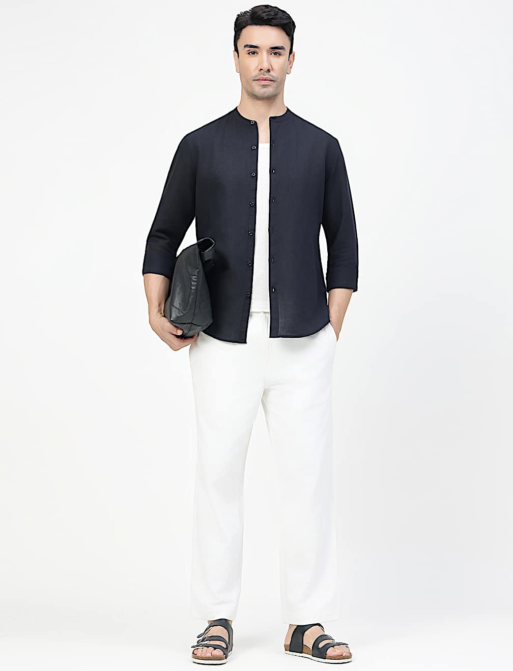 Linen Rich Plain Band Collar Shirt
