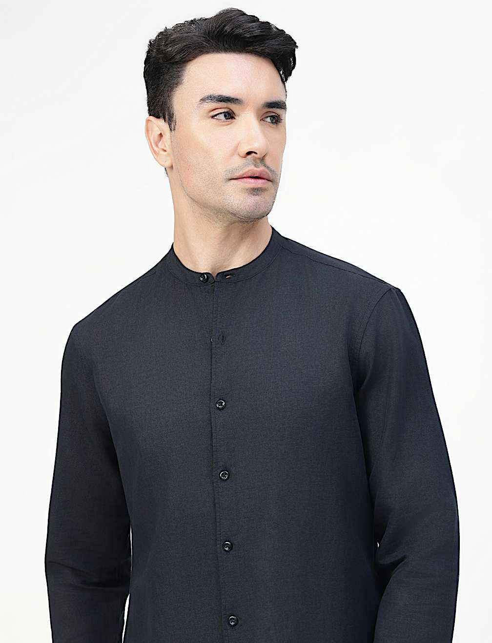 Linen Rich Plain Band Collar Shirt