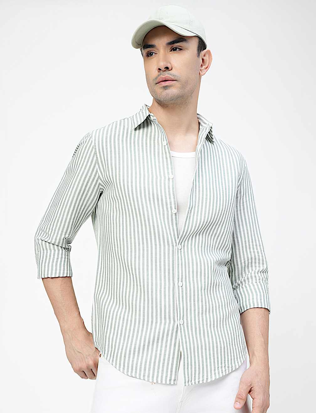 Linen Rich Striped Spread Collar Shirt