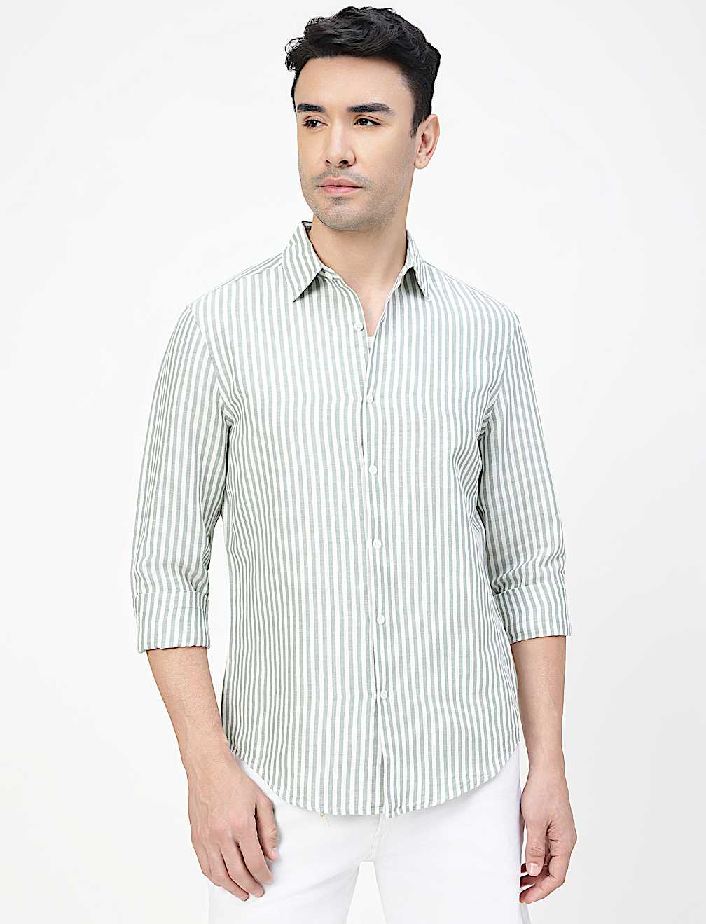 Linen Rich Striped Spread Collar Shirt