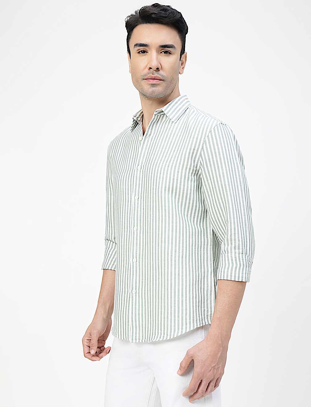 Linen Rich Striped Spread Collar Shirt