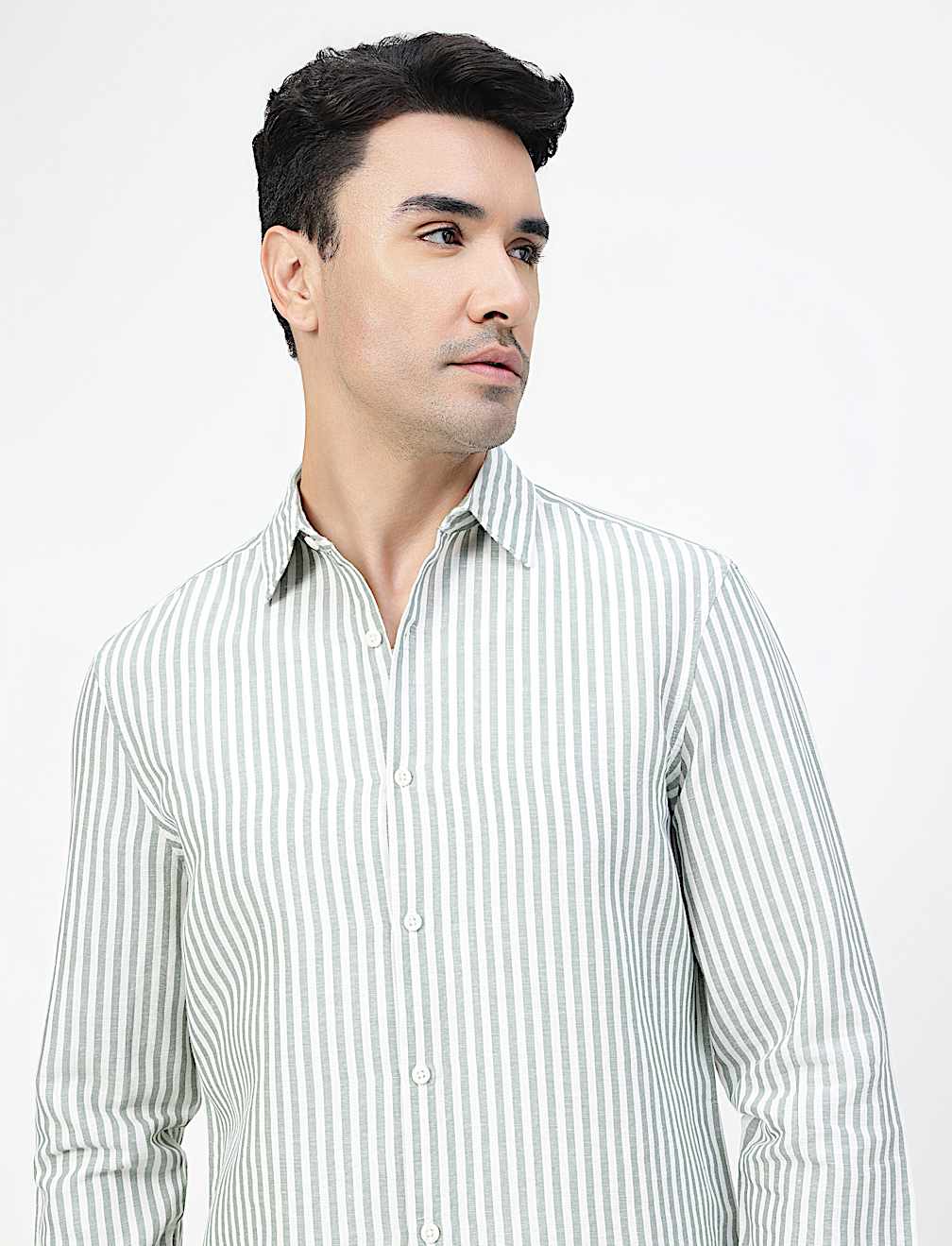 Linen Rich Striped Spread Collar Shirt