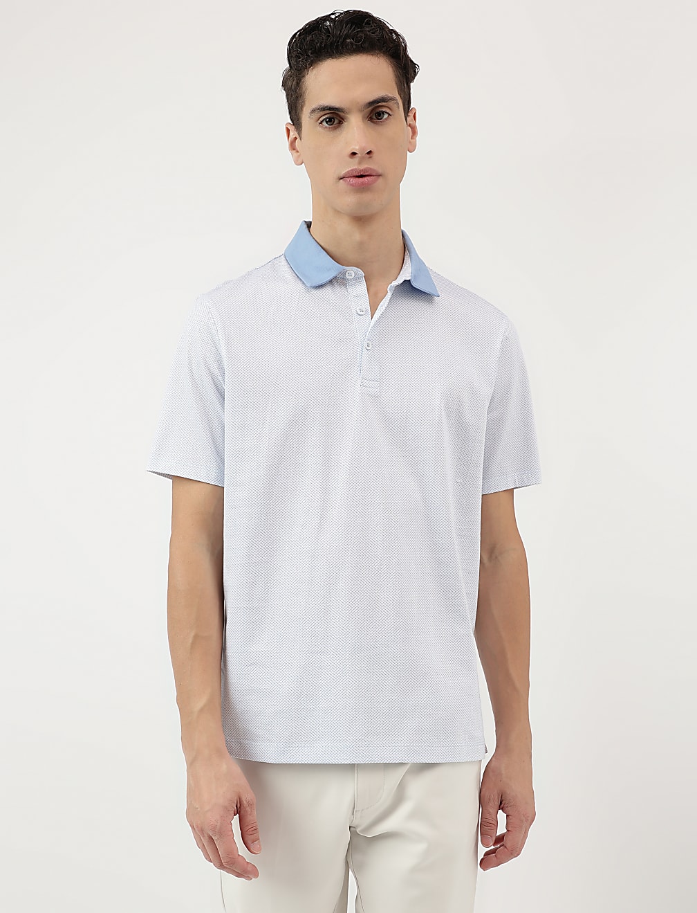 Pure Cotton Micro Print Polo Neck T-Shirt