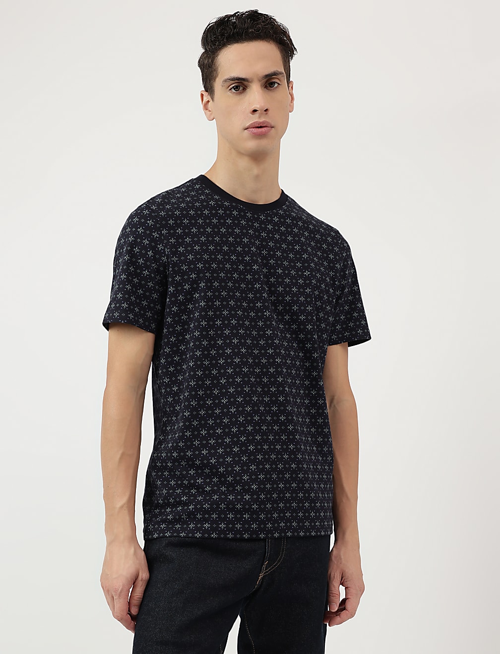 Cotton Rich Micro Print Round Neck T-Shirt