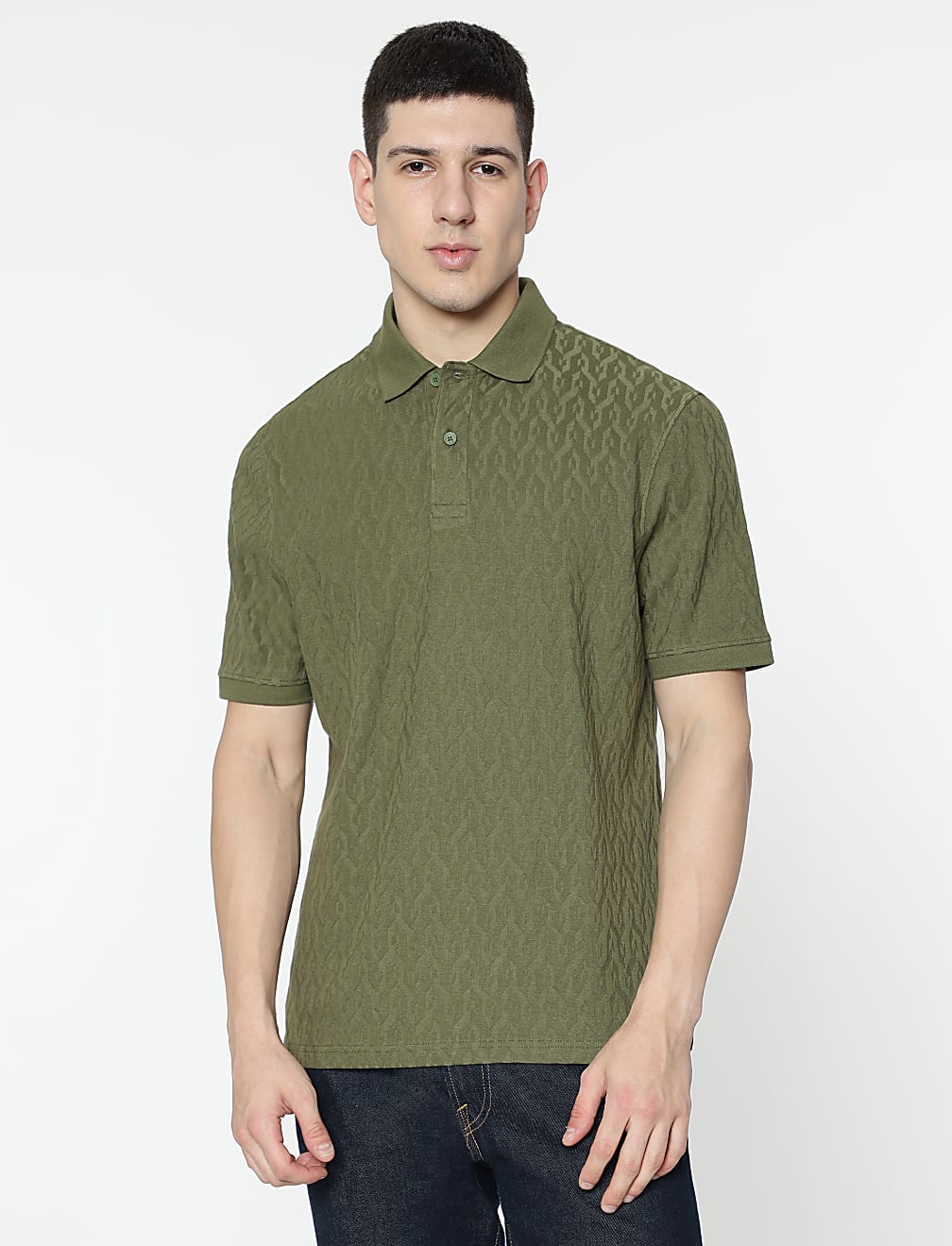 Cotton Rich Self Design Polo T-Shirt