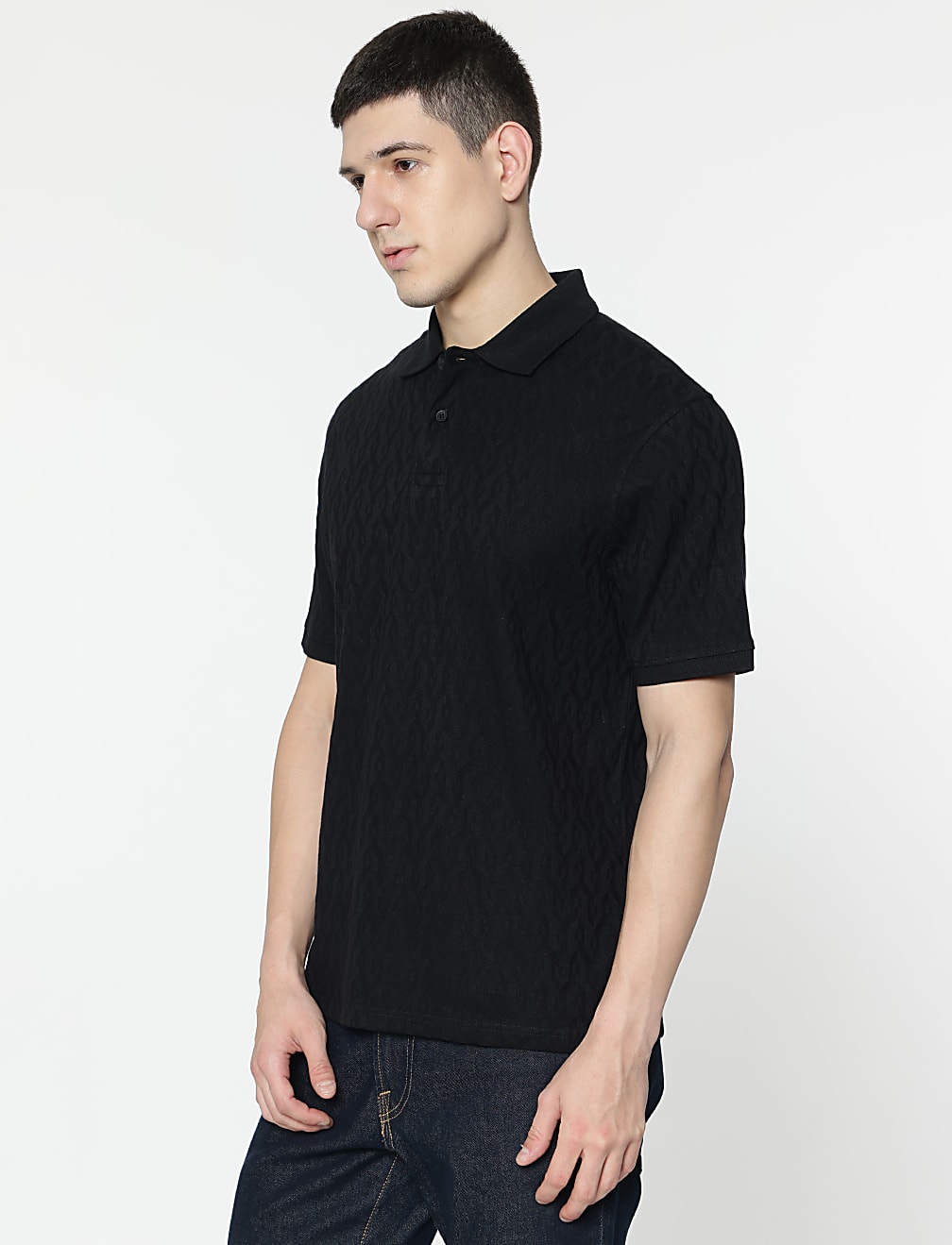 Cotton Rich Self Design Polo T-Shirt